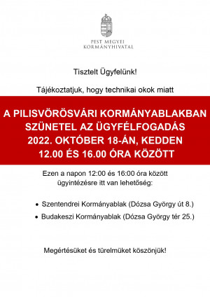 A pilisvörösvári Kormányablakban október 18-án szünetel az ügyfélfogadás