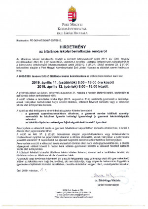Hirdetmény az általános iskolai beiratkozás rendjéről