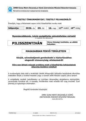 DMRV Zrt. értesítése: 2026. szeptember 16-án vízhiány várható