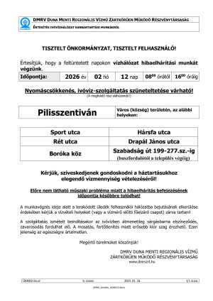 Vízhiány, nyomáscsökkenés várható 2026. február 12-én