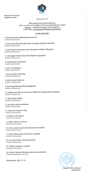 Meghívó testületi ülésre - 2023. november 27. 9:00