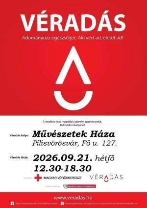 Szeptember 21-én, hétfőn 12.30 és 18.30 között várja a Magyar Vöröskereszt a véradókat Pilisvörösváron, a Művészetek Házában.